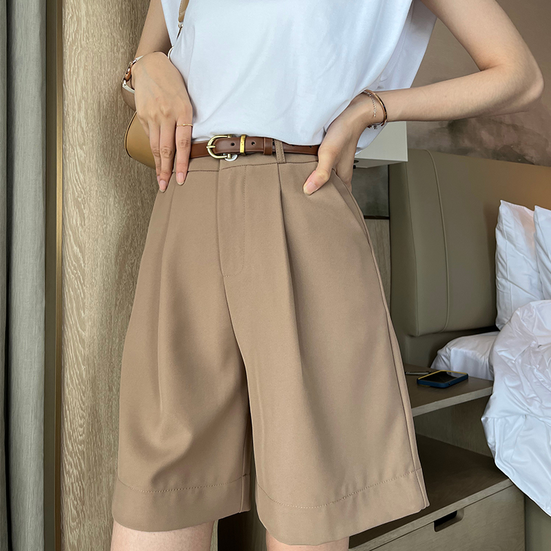 卡其色西装短小个子休闲阔腿a字中裤裤女夏薄款宽松直筒五分