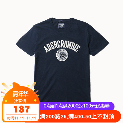 美国Abercrombie Fitch18夏AF男士T恤字母短袖圆领修身贴花155839