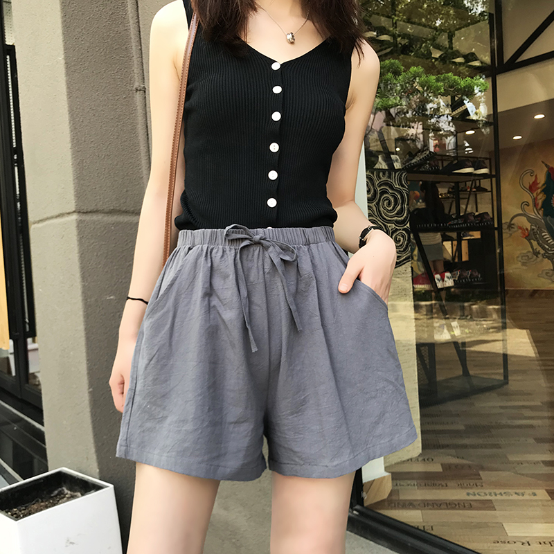 棉麻休闲短裤女大码阔腿裤居家热裤沙滩裤子运动高腰宽松五分