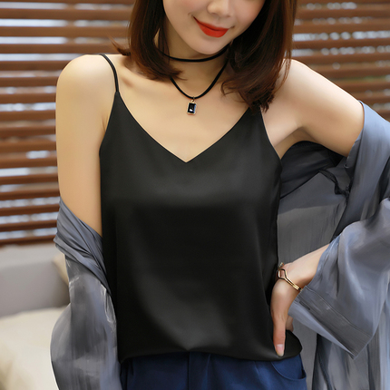 V领丝绸缎面黑色真丝吊带背心女春夏无袖内搭打底衫外穿性感上衣
