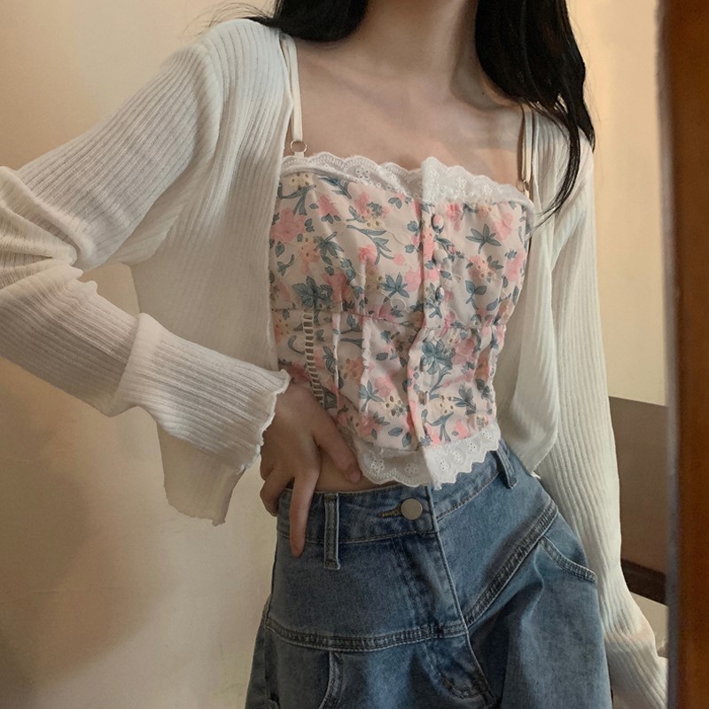 夏季白色外搭针织吊带两件套空调衫披肩防晒罩衫短款薄款