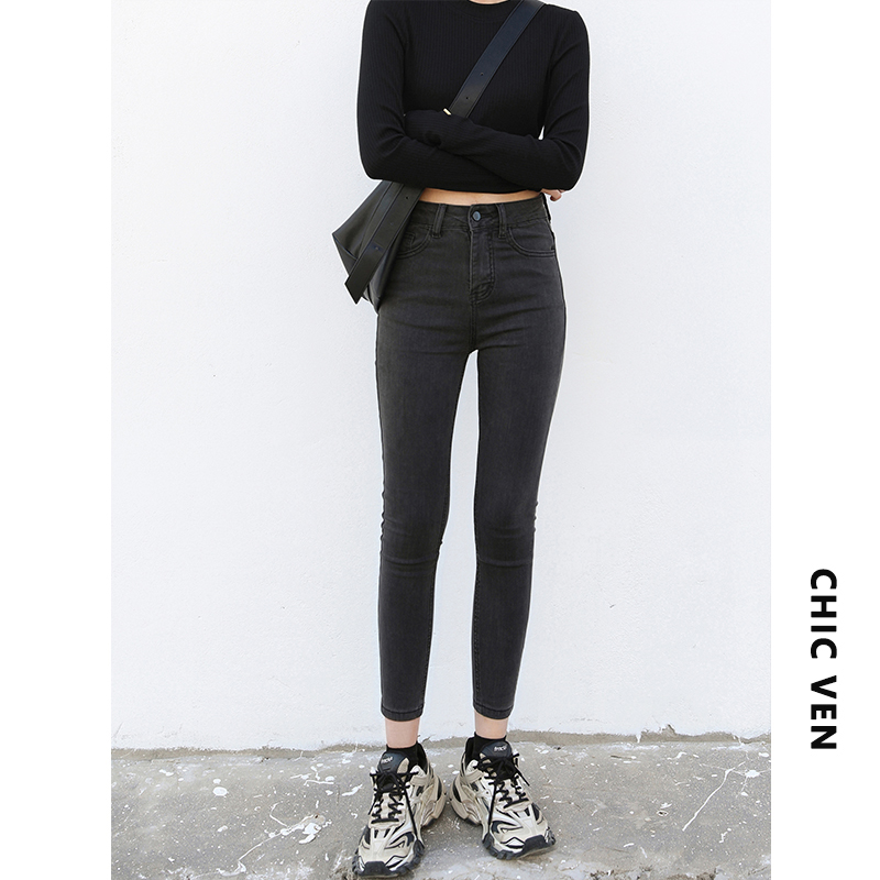 CHICVEN入店BI败复古高腰小脚裤子女秋修身显瘦九分铅笔