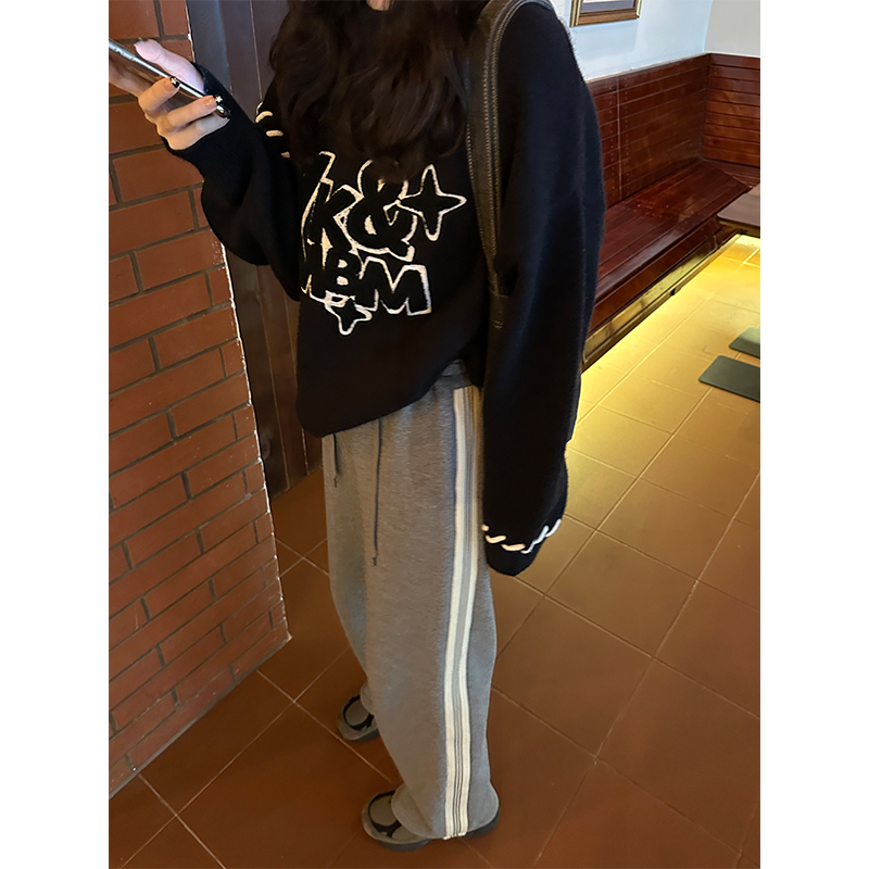 Seven4lee灰色轨迹 侧杠运动裤女秋冬加厚宽松卫裤直筒