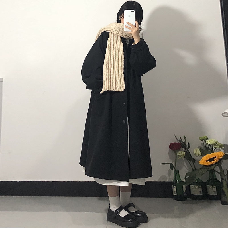 日系2021年新款秋冬季呢子大衣赫本风毛呢外套女中长款