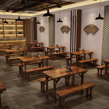 快餐桌椅组合实木饭店餐桌面馆餐桌饭桌烧烤小吃店酒吧碳化桌椅