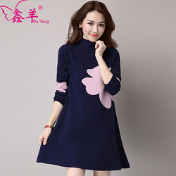 鑫羊秋冬新款女士针织中长款旗袍连衣裙刺绣韩