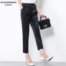 重磅真丝女裤桑蚕丝九分长裤 黑色针织大号直