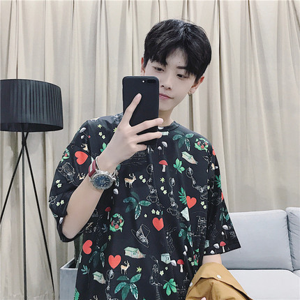@美丽的脏店 自制港风夏装满身花鹿印花T恤青少年男女百搭短袖tee