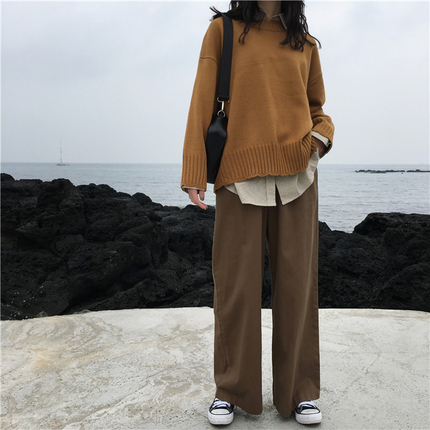 2017秋冬韩国新款学院风百搭简约高腰宽松显瘦纯色阔腿裤女