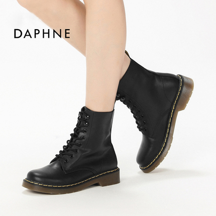 Daphne/达芙妮冬新系带低跟马丁靴 休闲圆头粗跟短筒女靴