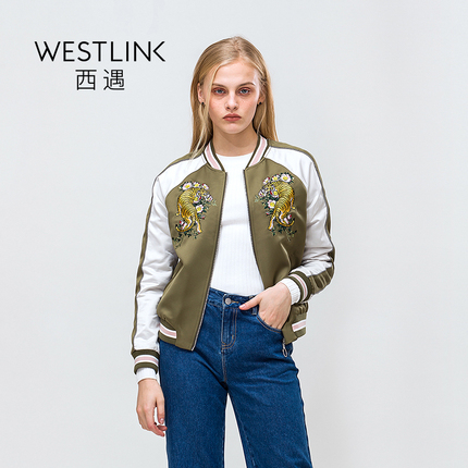 WESTLINK西遇女装2017春季新款动物刺绣撞色拼接女棒球夹克外套