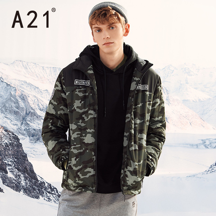 A21衣服男冬季新品男装棉衣时尚保暖印花潮流迷彩连帽加厚外套