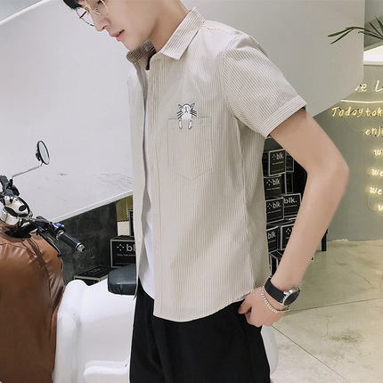 港风条纹衬衫男日系复古韩版修身夏季短袖百搭潮流学生印花衬衣男