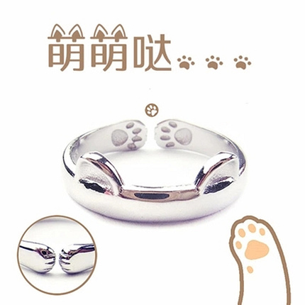 正品925纯银猫咪戒指女 日韩简约开口 猫耳朵猫爪 送女友生日礼物