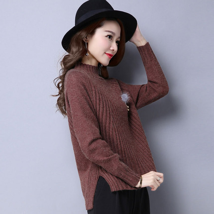 开叉毛衣女秋冬宽松前短后长中领打底衫半高领