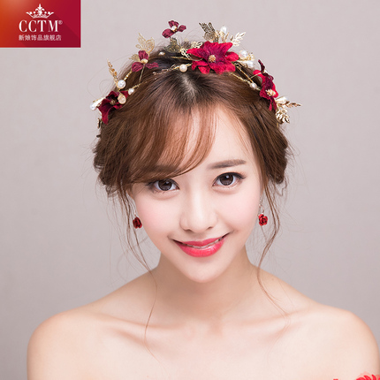 CCTM韩式新娘头饰红色花朵结婚礼服敬酒服发饰2017新款玫瑰配饰品