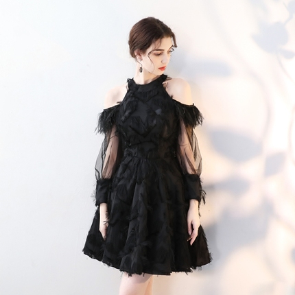 2018春季新款韩版聚会派对黑色小礼服性感晚装仙女连衣裙挂脖短款