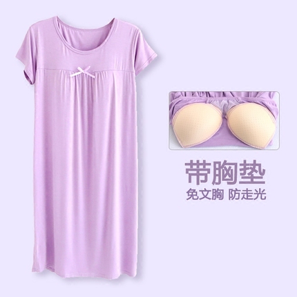 带胸垫莫代尔家居服女夏睡衣免文胸外穿短袖加大睡裙打底裙孕妇裙