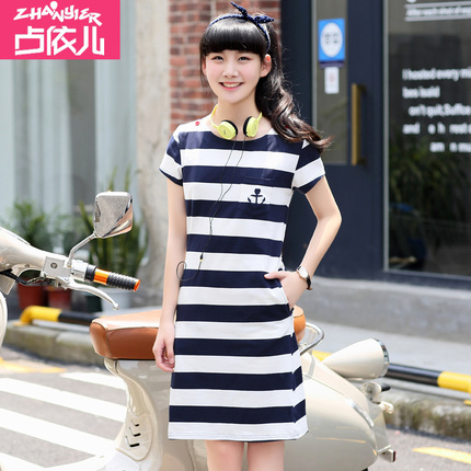 2016夏季新款少女连衣裙中长款初中学生短袖