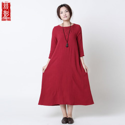 线影原创 2015春夏新款文艺棉麻圆领宽松连衣