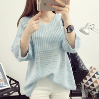 2017韩版薄针织衫宽松长袖打底短毛衣女镂空