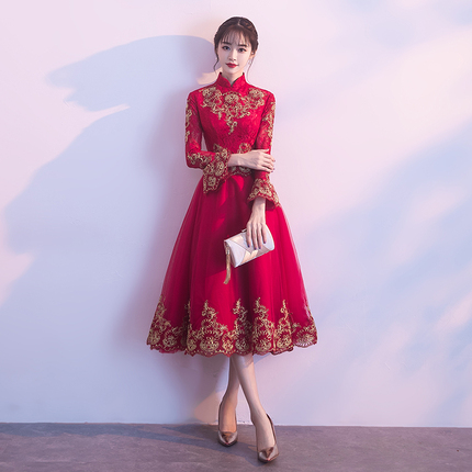中式敬酒服2017新款冬季新娘结婚订婚长袖2018晚礼服裙中长女回门
