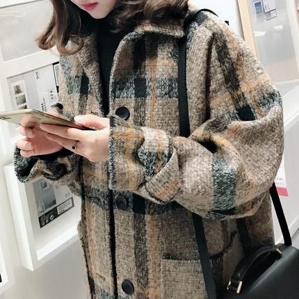 韩版宽松显瘦大格子毛呢大衣女中长款2017冬季外套女装加厚保暖潮