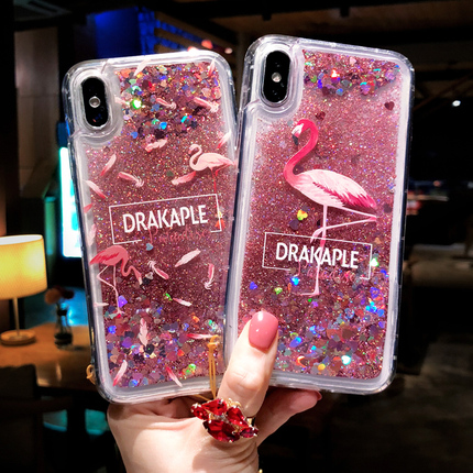 火烈鸟流沙iPhonex手机壳苹果xs Max硅胶套防摔6splus挂绳XR女款7plus韩国8plus全包边软壳新款6个性创意潮牌