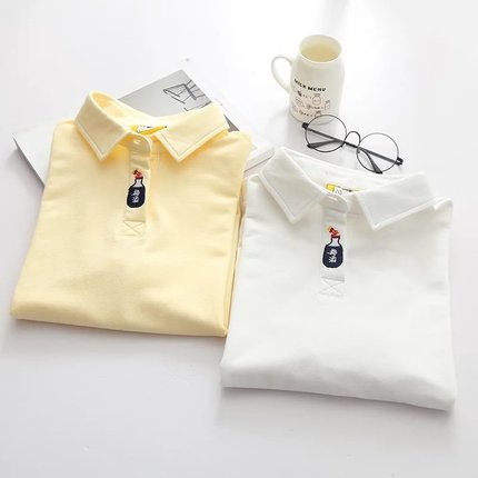 可爱t恤女短袖宽松上衣学生日系原宿童趣梅酒刺绣翻领POLO衫 新品