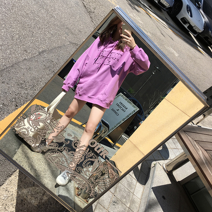 小鹿要飞秋季韩版中长款连帽慵懒风紫色卫衣女薄款宽松字母上衣潮