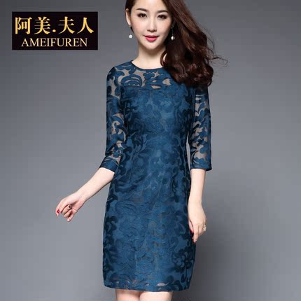 连衣裙女夏2018新款中袖婚礼妈妈装40岁50中年高贵时尚婆婆装裙子