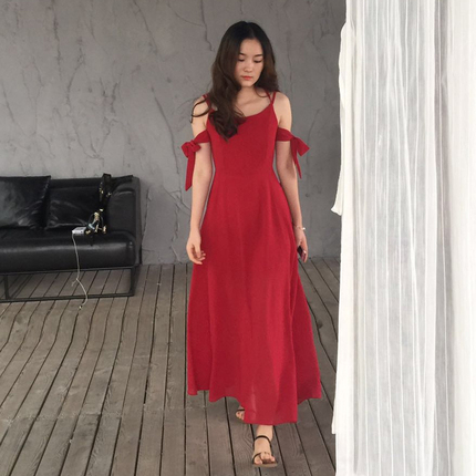 夏海边优雅酒红绑带海滩度假连衣长裙吊带沙滩裙大牌礼服裙