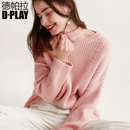 DPLAY2018春款欧美浅粉色宽松慵懒大毛衣镂圆领破洞长袖针织衫