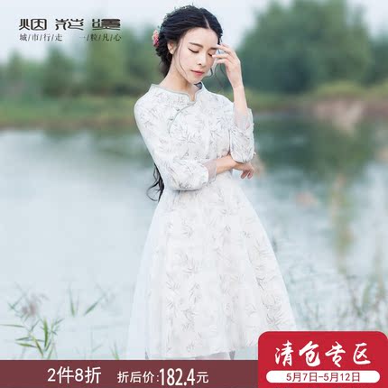 清仓 烟花烫SD2018春夏新款女装旗袍式印花立领七分袖连衣裙 报晓