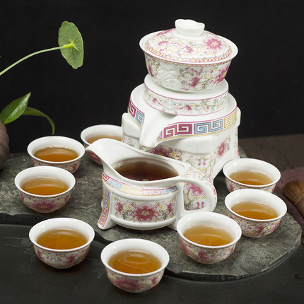 ronkin半全自动功夫茶具套装泡茶器懒人家用白瓷喝茶茶具石磨复古