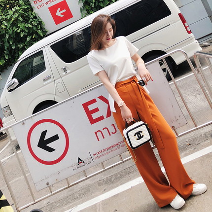 DY/大英自制 高腰系带长裤阔腿裤女春长款阔脚裤潮红人网红衣服女