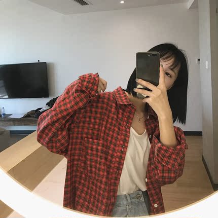 卤卤lulu 自制日系复古小格子衬衣男女宽松简约长袖衬衫薄外套潮