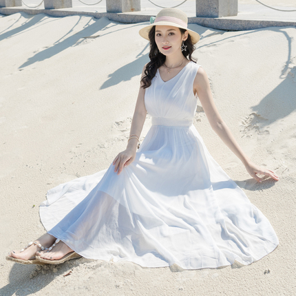 2018夏季女波西米亚长裙沙滩裙演出白色雪纺裙v领显瘦无袖连衣裙