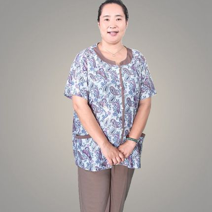 中老年特大码女夏装短袖T恤七分裤两件套加肥加大妈妈装200斤套装