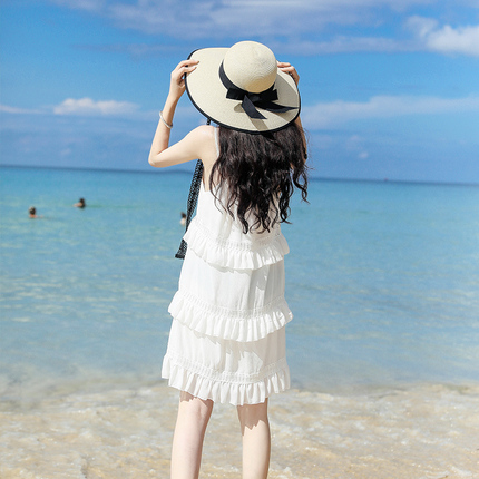 小清新绑带遮阳帽子女夏海边沙滩帽可折叠太阳帽度假草帽大檐防晒