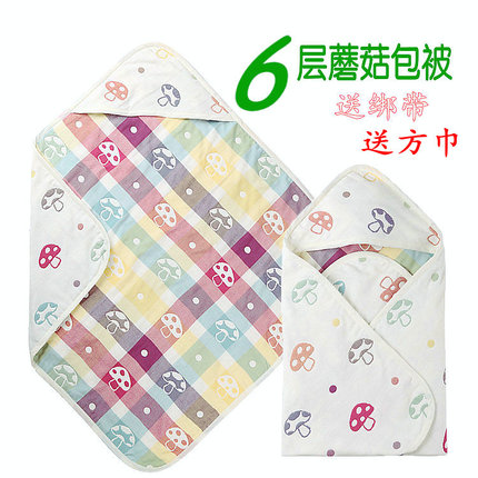 特价包邮新生儿抱被6层纯棉纱布浴巾四季蘑菇包被戴帽90*90