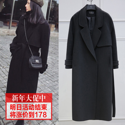 黑色过膝毛呢大衣女2017冬季新款韩版加厚中长款chic双面呢子外套