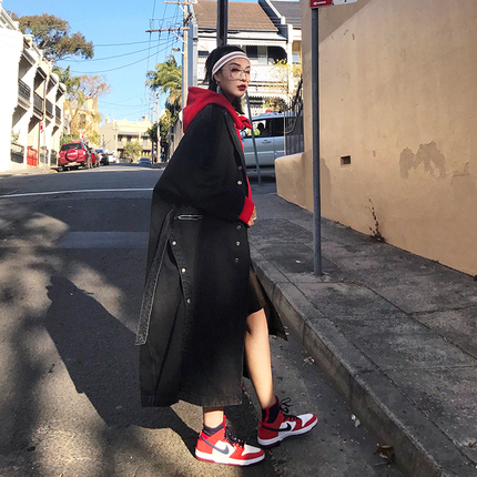 FFSTUDIO定制 秋装女2017新款黑色超长款宽松bf风牛仔风衣外套