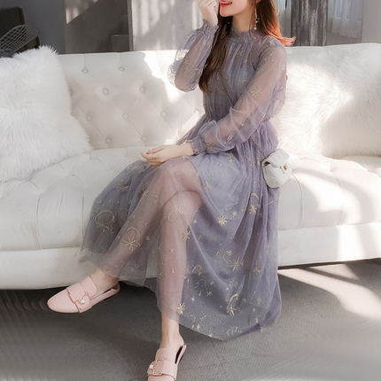 超仙连衣裙女夏中长款时尚星空刺绣甜美蓬蓬网纱气质两件套百褶裙