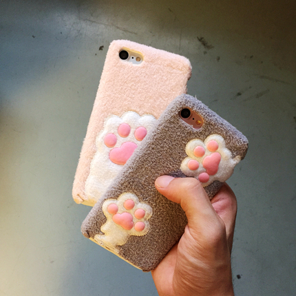 秋冬款毛绒猫爪iPhone6/6s/7手机壳 苹果6plus可爱硅胶套粉色女款