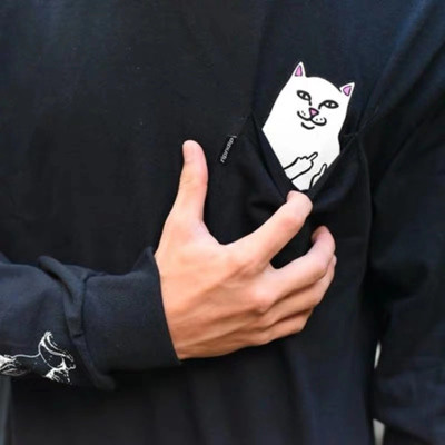 春秋装美国潮牌ripndip 贱猫中指猫长袖t恤纯色口袋猫情侣款 虎窝淘