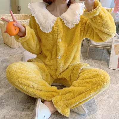 珊瑚绒月子服孕妇睡衣女秋冬季产后哺乳姜黄10月份11月12春家居服 虎窝淘