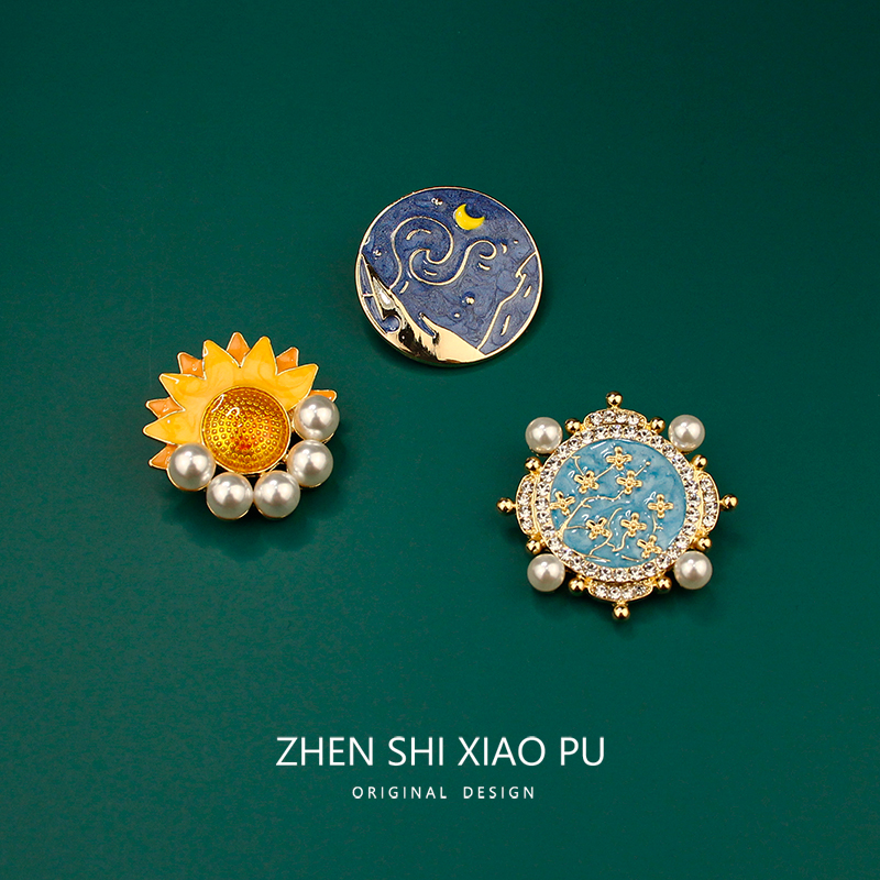 梵高星空复古宫廷高档胸针女气质珍珠向日葵油画别针徽章西装配饰 - 封面