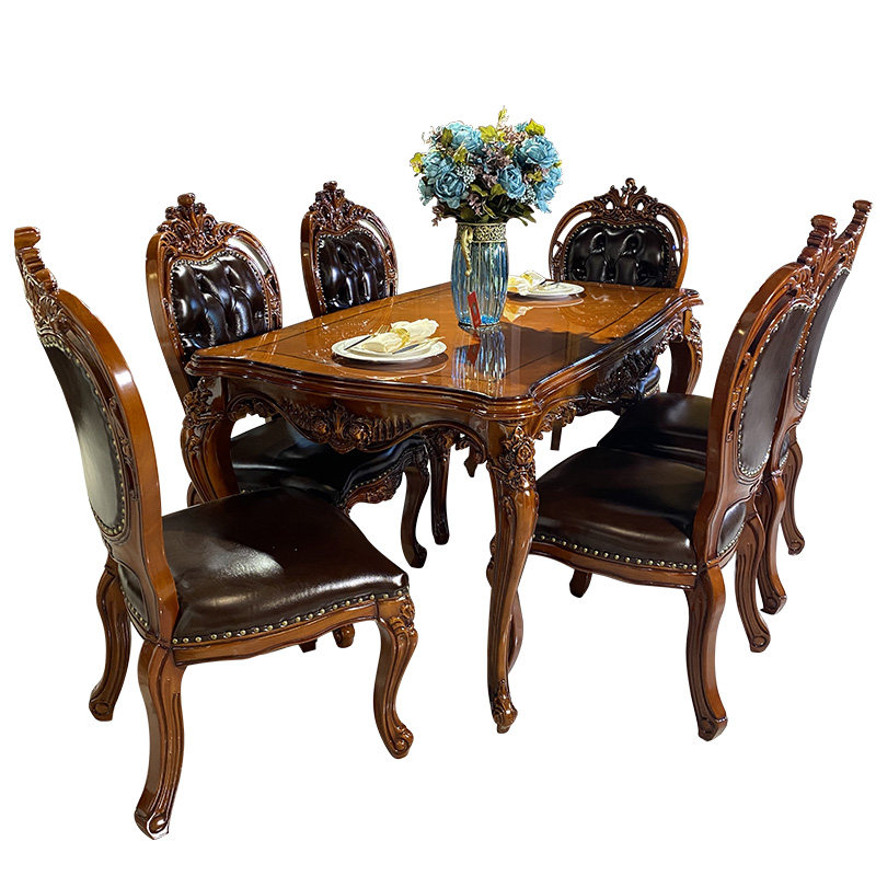 欧式实木餐桌椅组合长方形6人小户型饭桌奢华美式真皮别墅家具