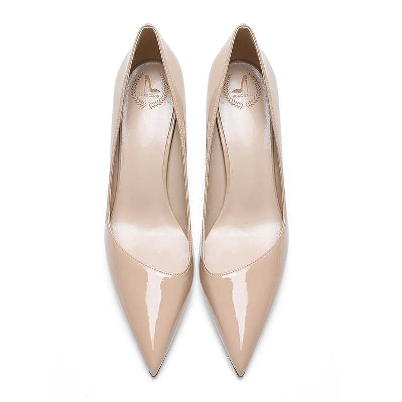 lukecsion舒适高跟鞋女真皮夏季浅口中跟6cm裸色漆皮尖头细跟单鞋